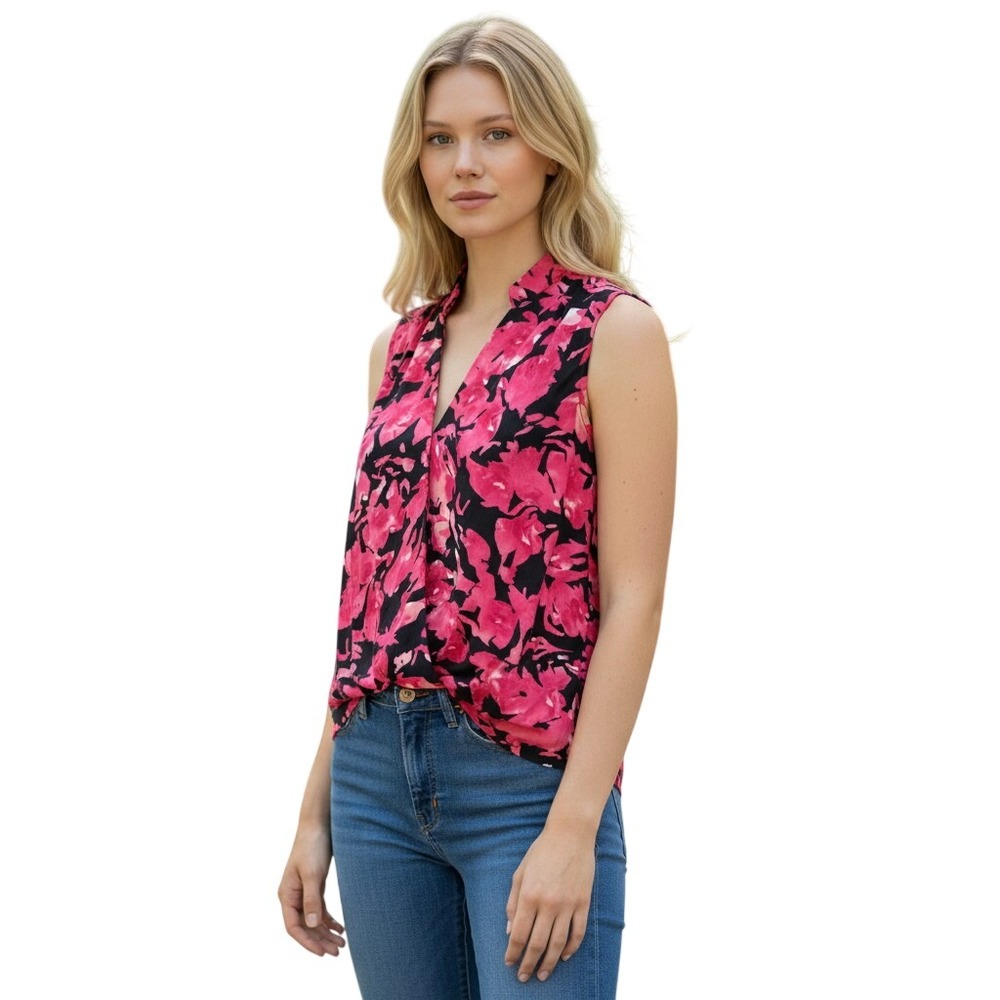 INC International Concepts Painted Garden Floral Sleeveless Blouse Pink Black XS